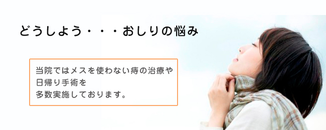 どうしようおしりの悩み。当院ではメスを使わない痔の手術や日帰り手術を多数実施しております。